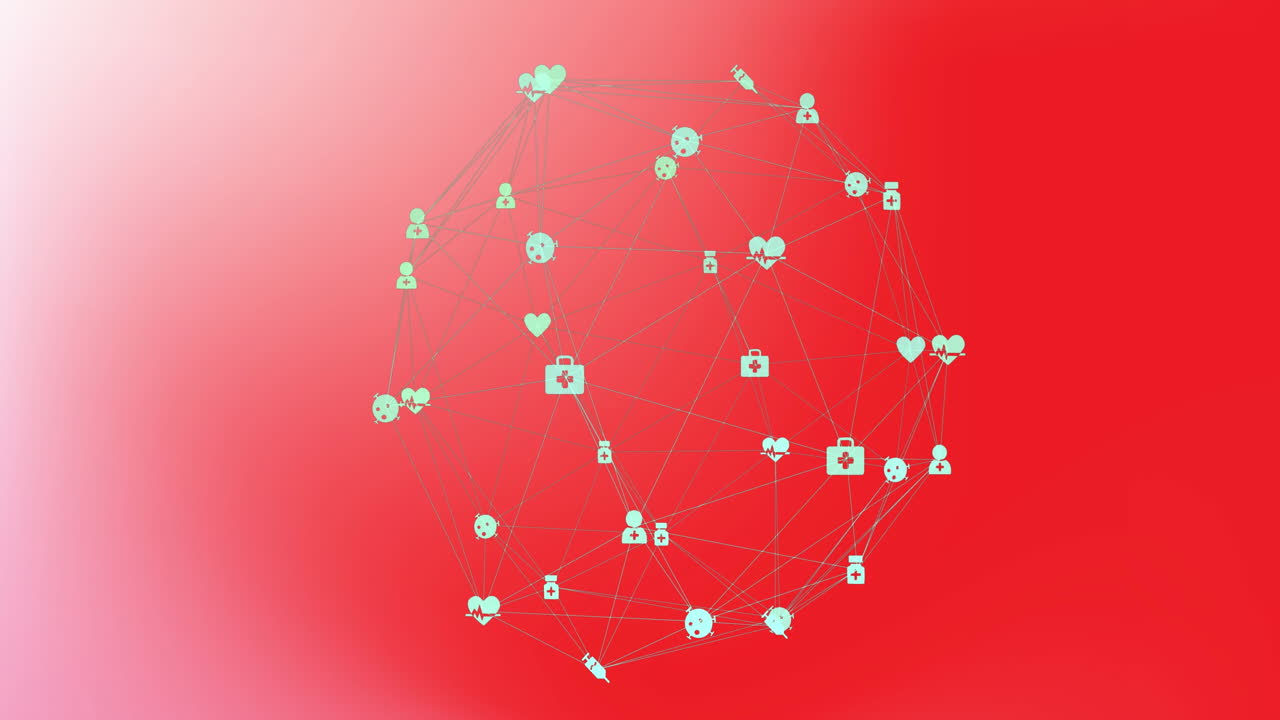 의료 아이콘의 애니메이션은 선으로 연결되어 빨간 바탕에 지구를 형성합니다.