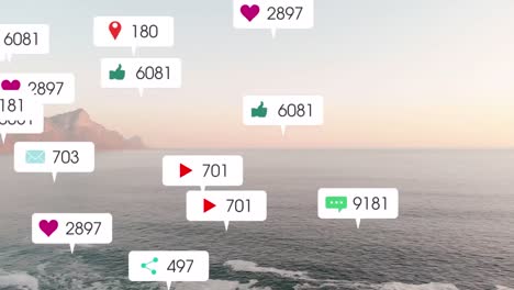 Animación-De-íconos-De-Redes-Sociales-Sobre-El-Atardecer-Y-El-Paisaje-Marino.