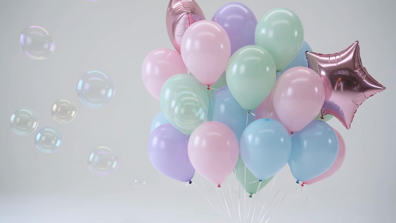 Bolle che entrano e fanno ondeggiare un grappolo di palloncini in un set da studio grigio con una stella color oro rosa e fili.