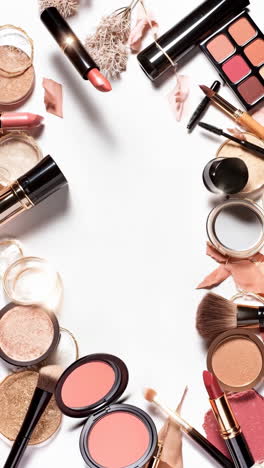 assortment of makeup products on a white background