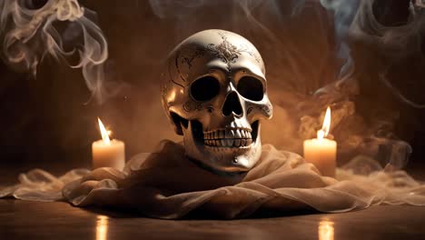 silver skull with candles and smoke