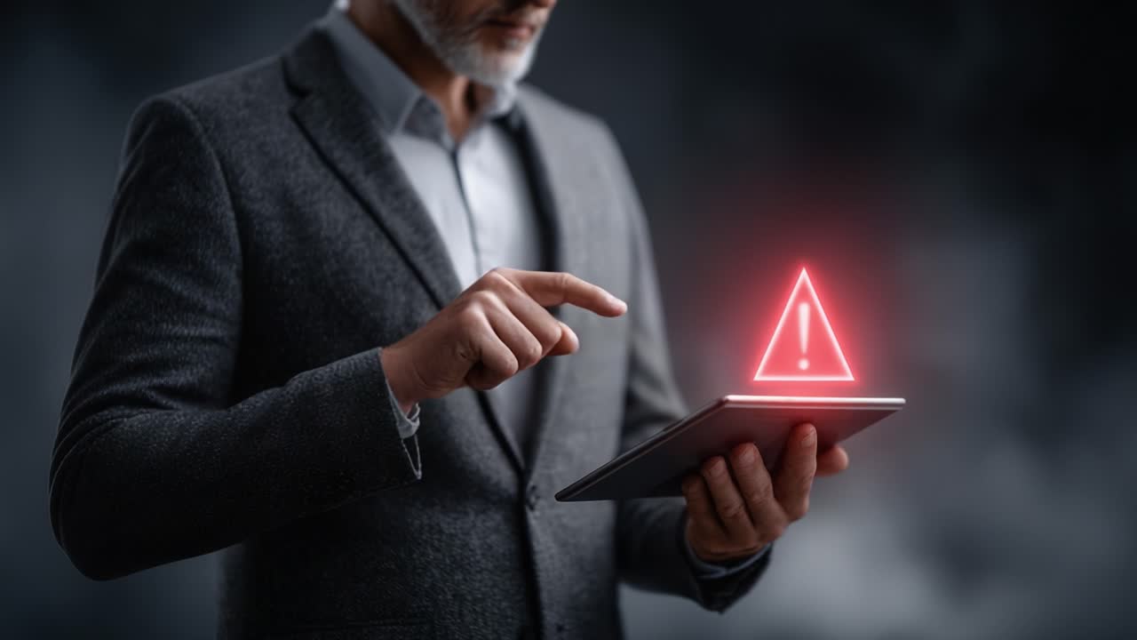 A professional man interacts with a digital tablet displaying a prominent warning symbol, illustrating critical information and an urgent alert in a modern, tech-focused scene