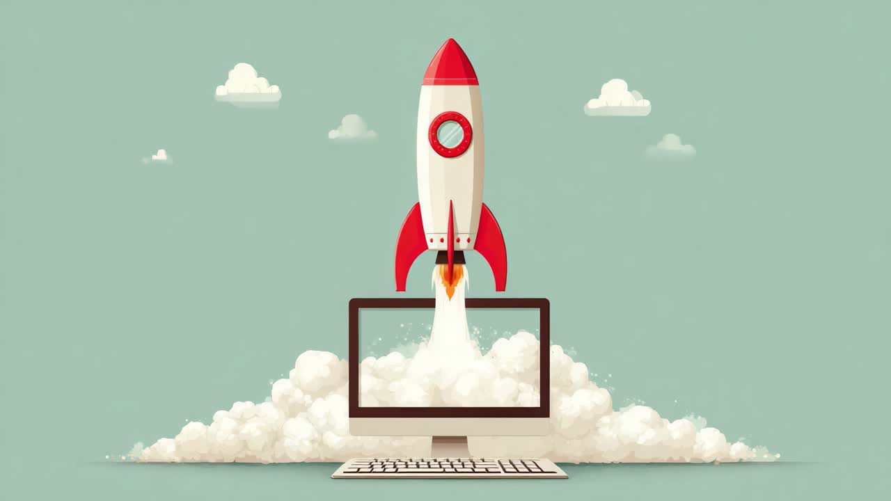 A vibrant digital illustration of a rocket launching from a computer, symbolizing innovation and the rise of technology in a creative environment against a warm, pastel background
