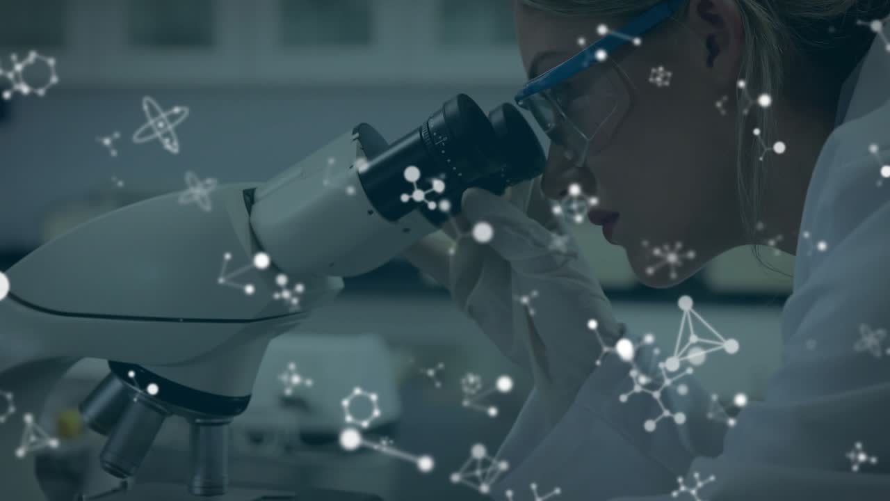 Lab scientist aligning eye and adjusting focus knob on microscope, revealing molecular overlays
