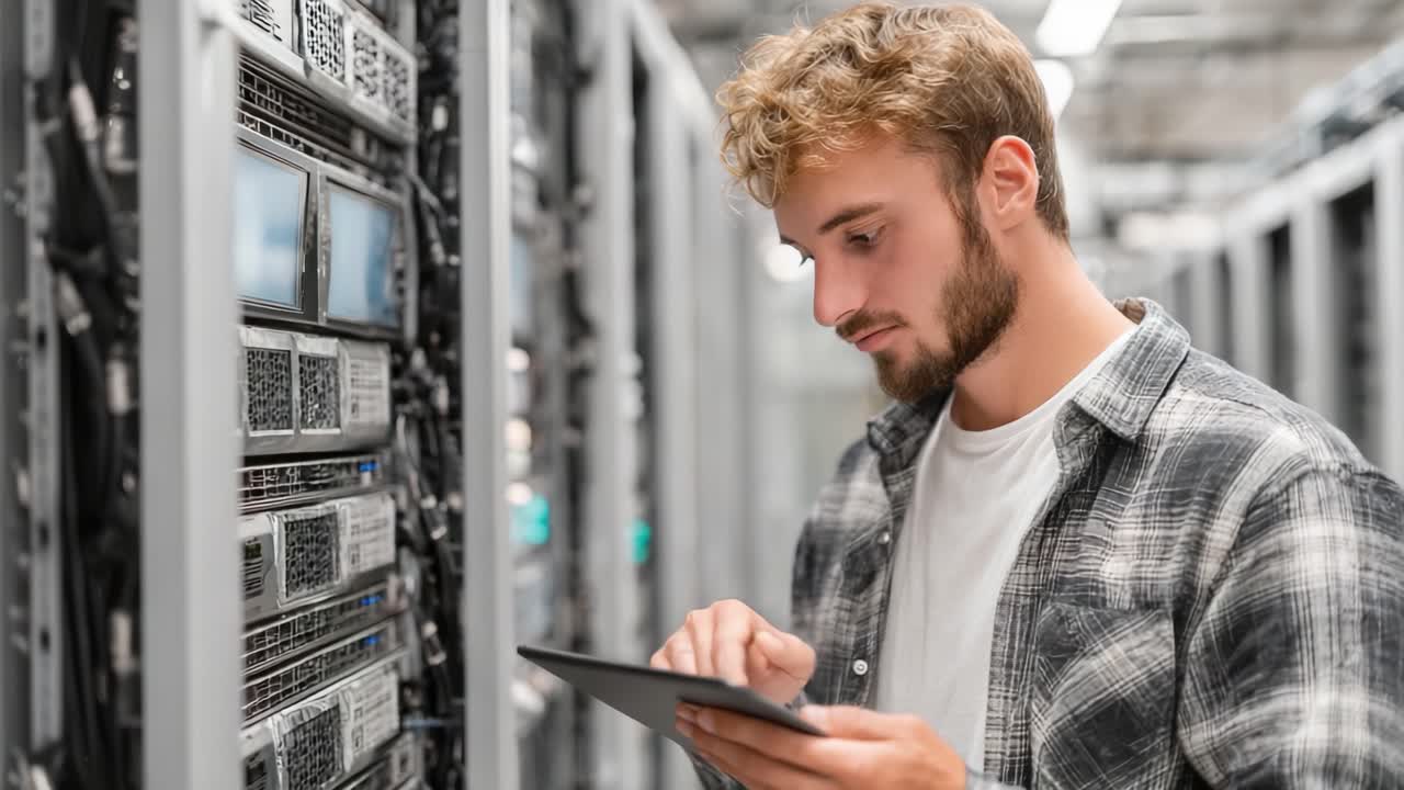Un joven profesional analizando datos en una tableta mientras monitoriza equipos de servidor en un entorno de centro de datos de alta tecnología