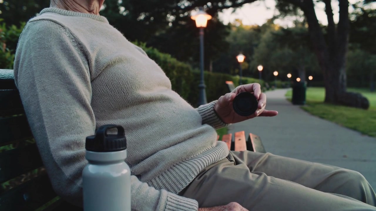 En ældre mand i sweater og khakis, der flytter sig og løfter en rund genstand på en parkbænk, med en hvid flaske i nærheden.