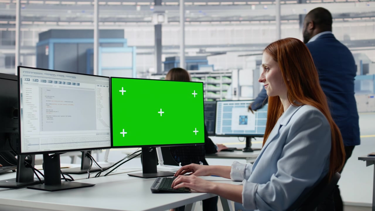 Professionel kvinde taster på tastatur med greenscreen-skærm