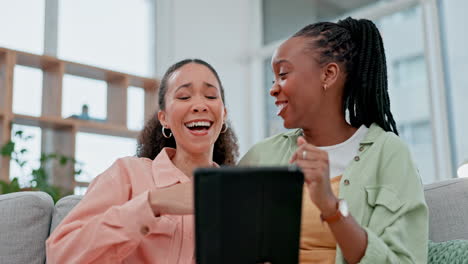 tablet, couple of friends and women laugh