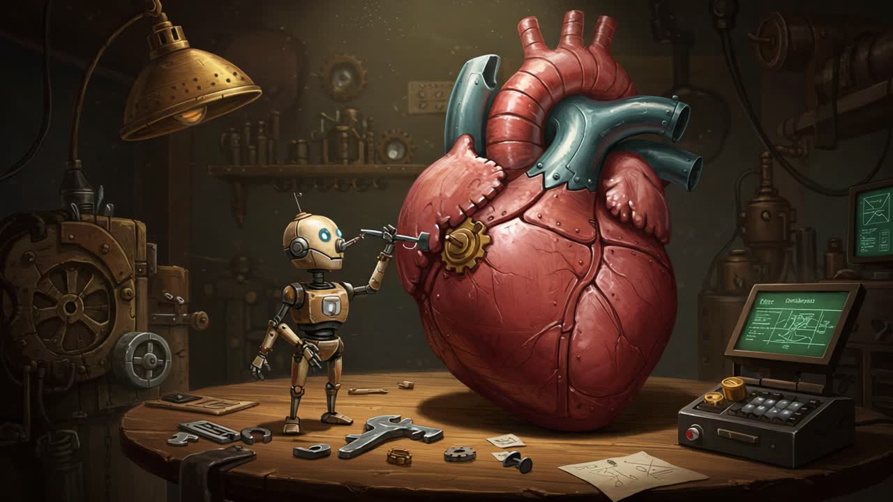A charming mechanical robot engages with a massive, intricately designed artificial heart in a steampunk-inspired workshop, blending technology with organic forms in a captivating scene