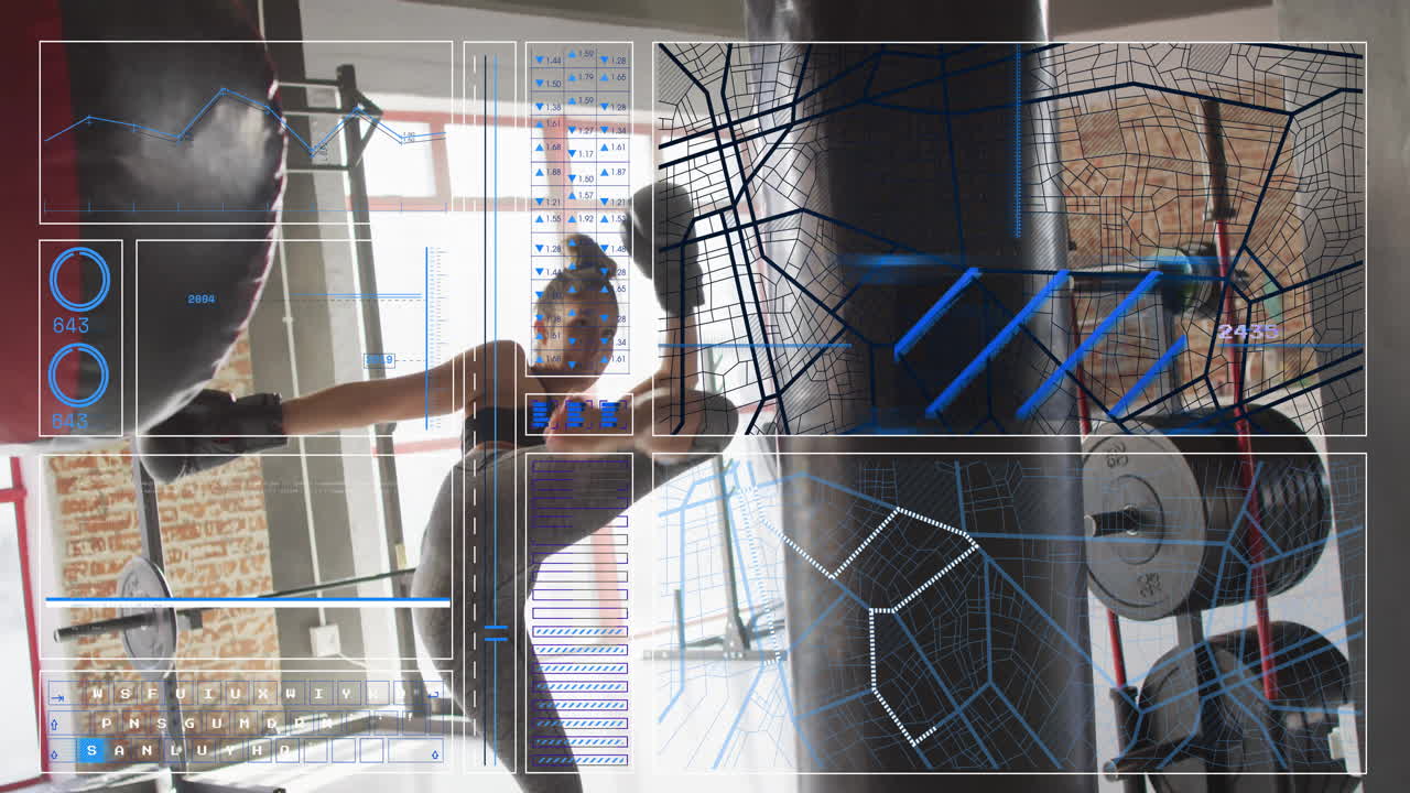 Training with punching bag, woman viewing animation of performance metrics in gym