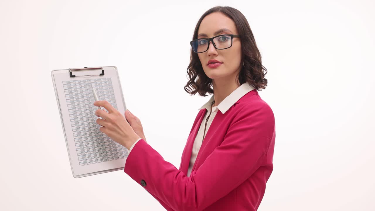 A professional businesswoman wearing glasses and a pink blazer holds a clipboard with a spreadsheet and a pen on a white background