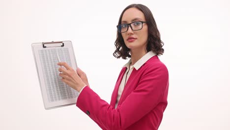 a professional businesswoman wearing glasses and a pink blazer holds a clipboard with a spreadsheet and a pen on a white background