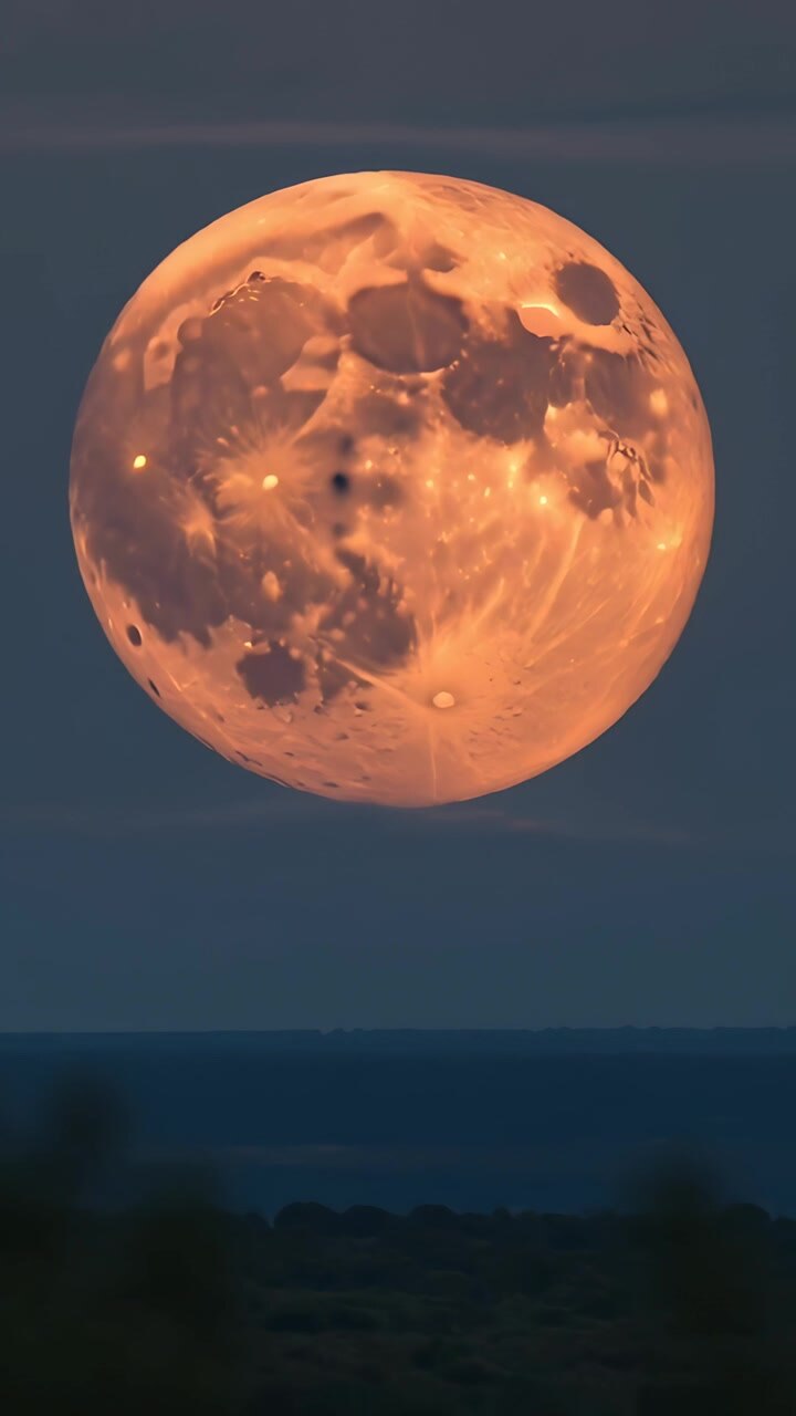 Vídeo vertical: Lua cheia nascendo, iniciando o nascer da lua mostrando mares sobre a costa com faixa de nuvens, vegetação rasteira