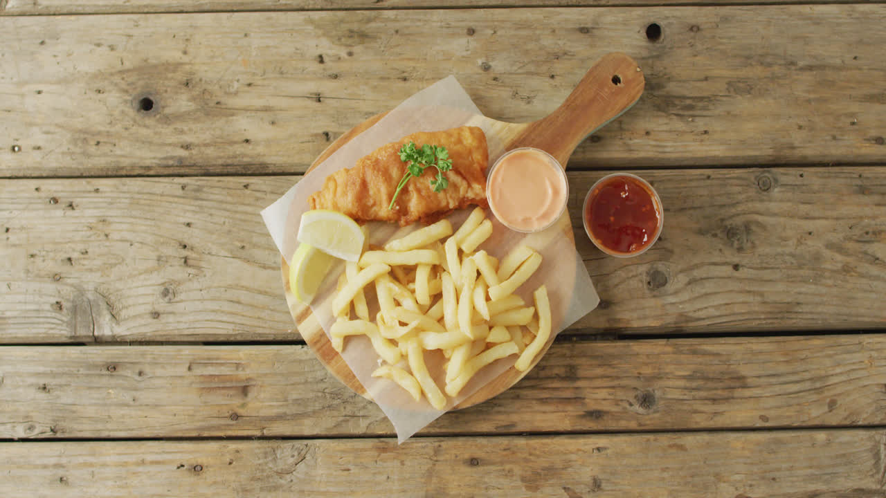 Video på fish and chips på träskärbräda med dippsåser, med utrymme för text på träbord