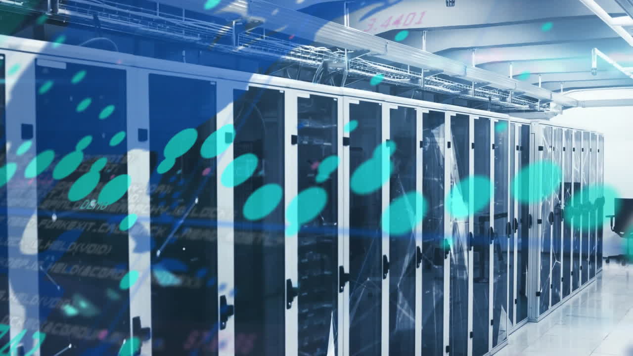 Server racks in data center with digital data processing animation over them