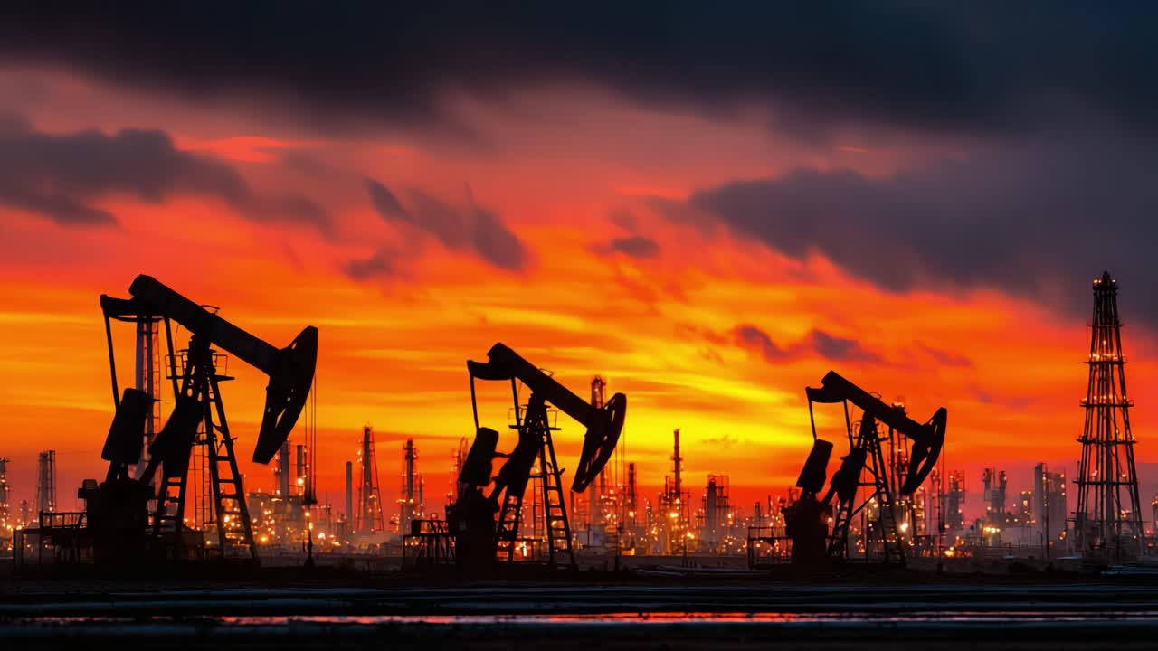 Uno splendido tramonto su un campo di estrazione petrolifera: sagome di pompe a bilanciere contro un cielo vivace, che evidenziano il paesaggio industriale e la produzione di energia.