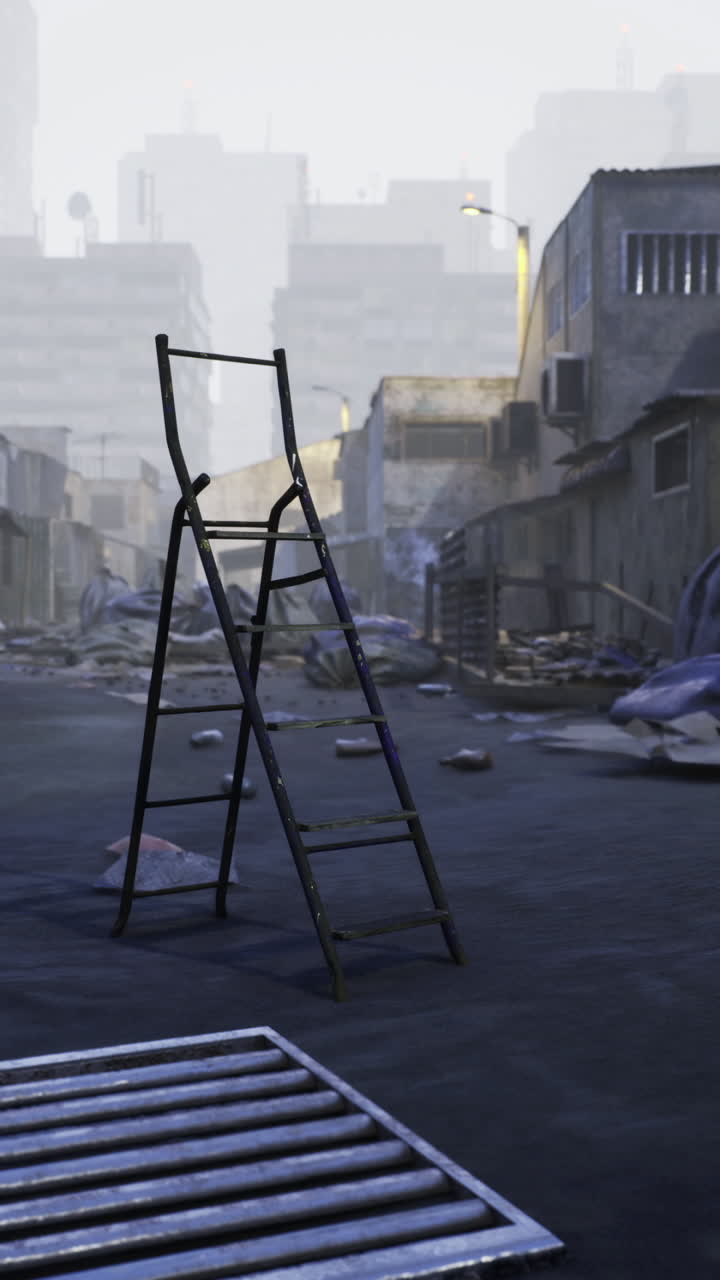 Paisaje urbano con estructuras abandonadas y una escalera en primer plano