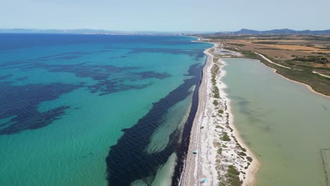 lago salado, playa de arena y mar azul turquesa en stintino, cerdeña, italia - antena 4k