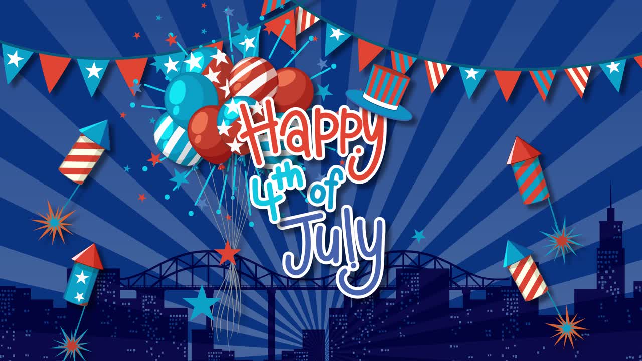 Dynamic animation with fireworks, city skyline, and celebratory text in vibrant colors, capturing the spirit of Independence Day