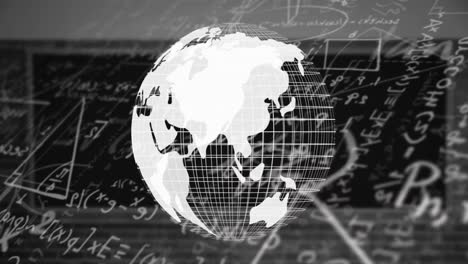 digital animation of globe spinning against mathematical equations on black background