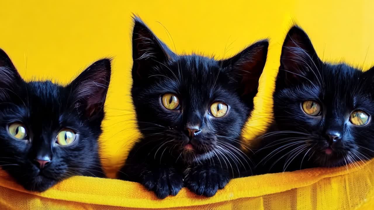 Tre gattini neri sono seduti in un'amaca gialla