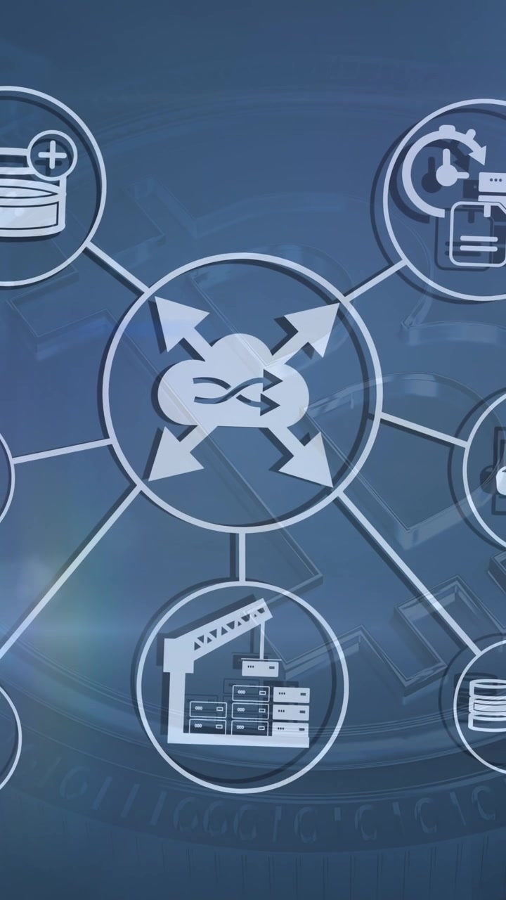 Animation of business icons and light spots over bitcoin symbols