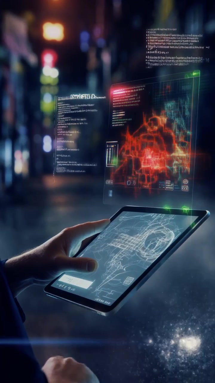 Person Using Futuristic Tablet with Holographic Data Interface