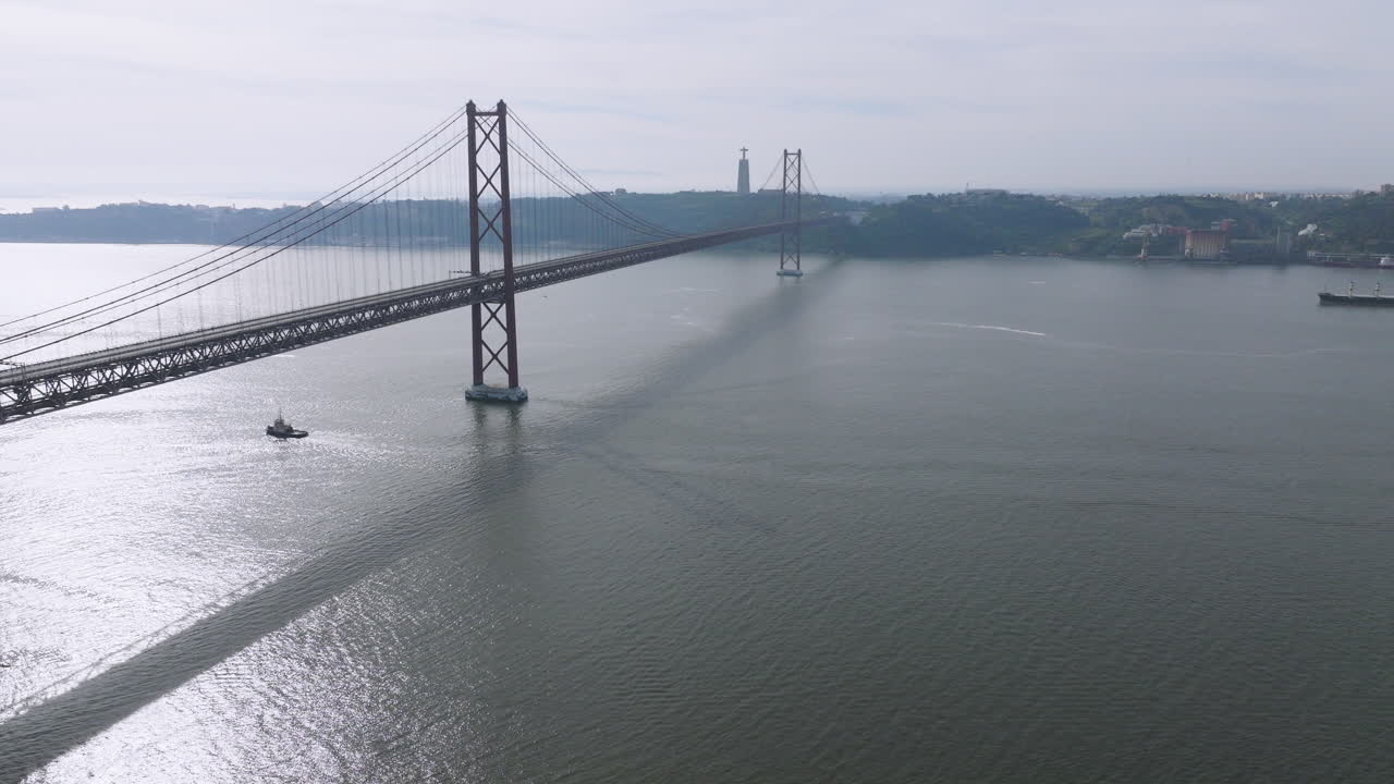 Aerial drone shot of the empty 25th April suspension bridge over the Tagus river in Lisbon with no cars or traffic