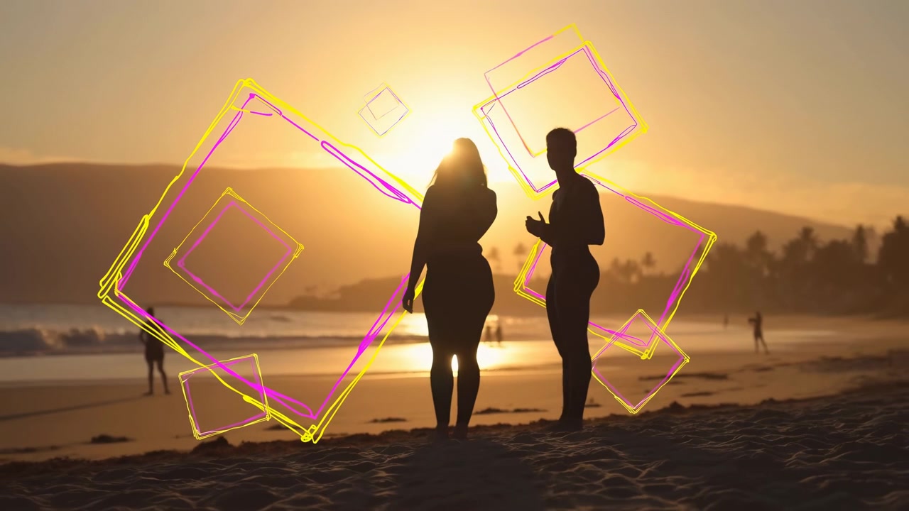 Due sagome adulte si fronteggiano sulla riva sabbiosa al tramonto, una che fa un piccolo gesto con la mano vicino al petto mentre il compagno ascolta, con sovrapposizioni di schizzi luminosi, retroilluminazione calda e un orizzonte costiero calmo.
