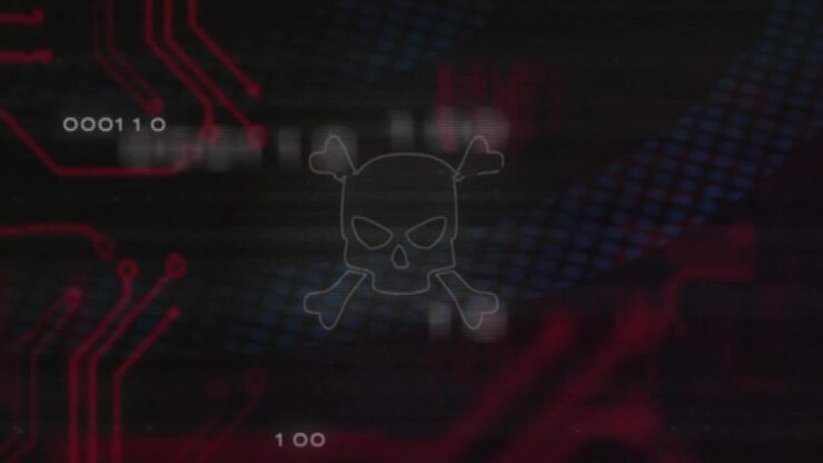 Skull and crossbones with binary code and circuit board animation