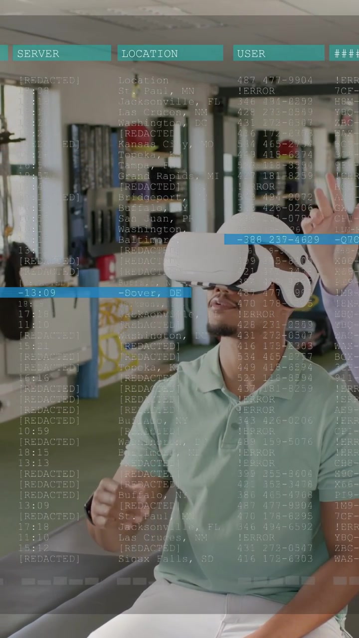 Vertikal video: Mand med VR-headset følger en guide, der peger og manipulerer et genoptrænings-overlay, som toner ud.