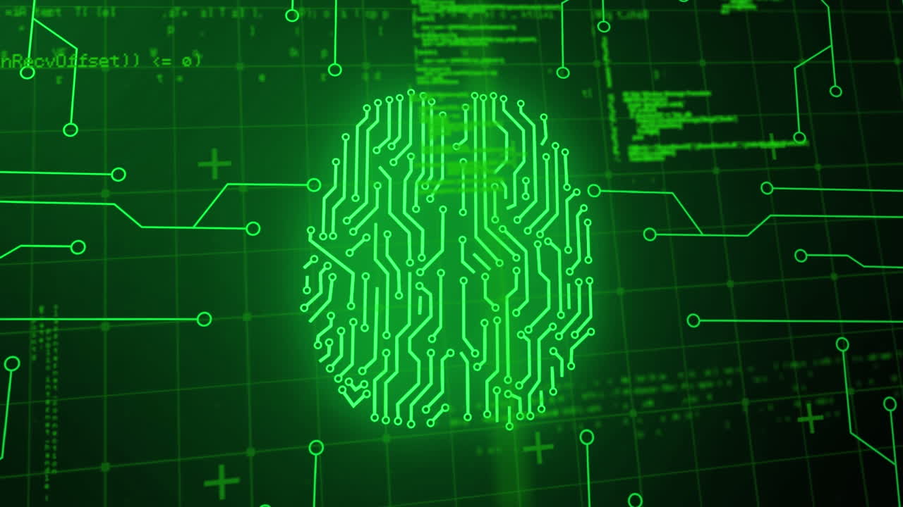 Animation of human biometric brain, binary coding and data processing