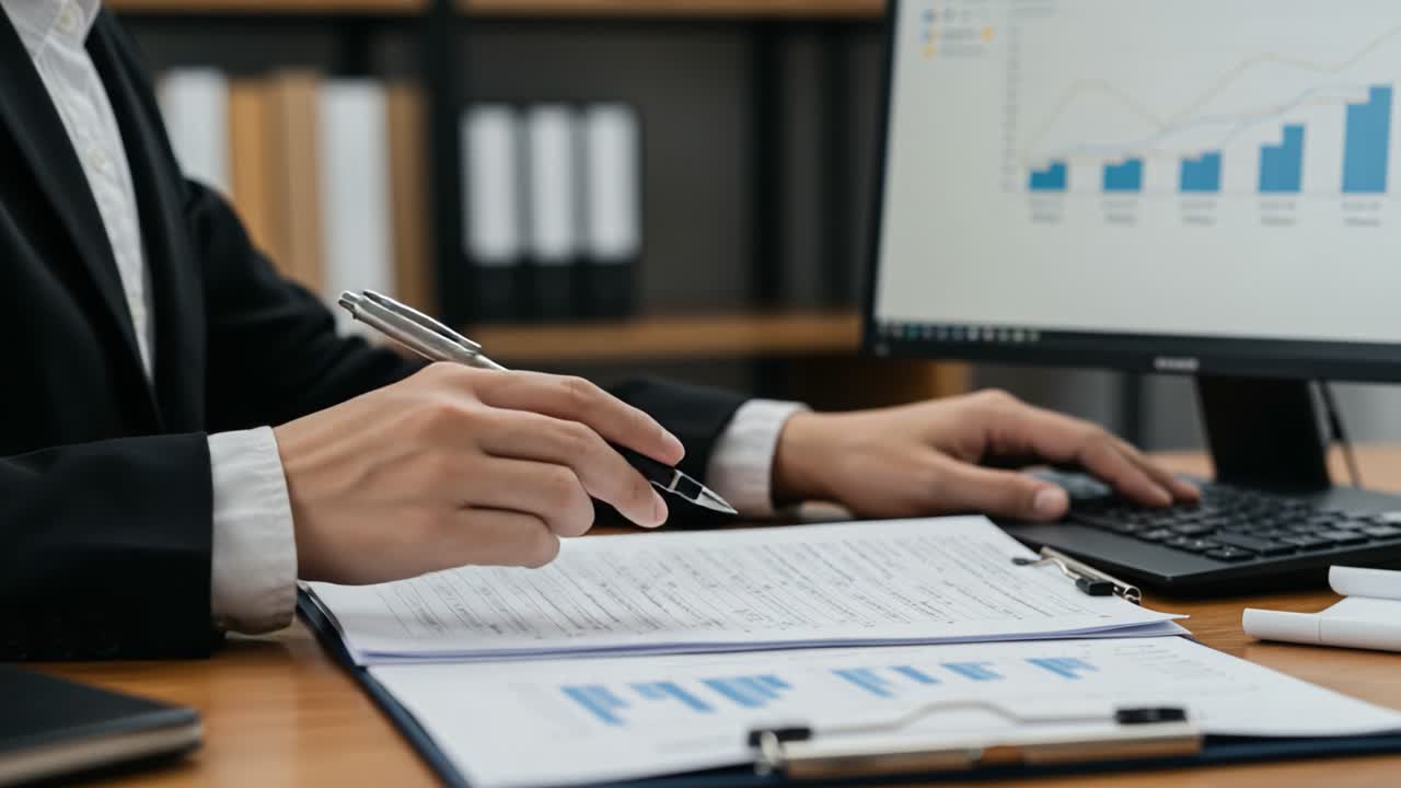 A Professional in Business Attire Analyzing Data on a Computer While Taking Notes in an Office Setting, Demonstrating Concentration and Productivity