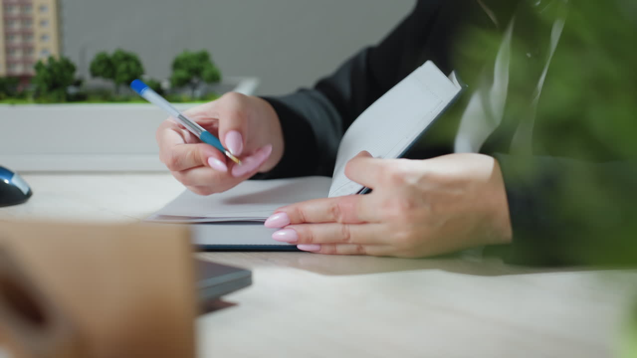 close up of woman with polished pink nails writing in notebook on desk near architectural building model and laptop showing focus professional multitasking environment in bright modern office