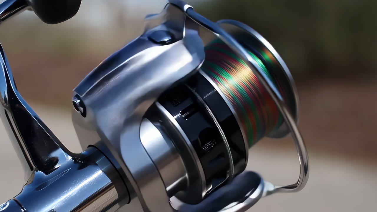 Primo piano di un mulinello da pesca con lenza multicolore