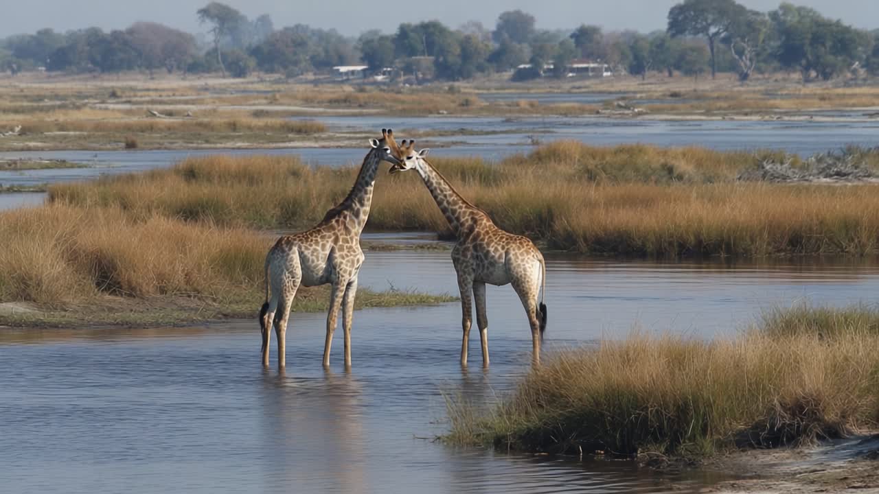 Two Giraffes Engaging in a Gentle Display of Affection by the Water's Edge in a Serene Natural Setting Surrounded by Lush Grassland and Soft Blue Waters