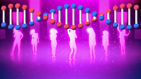 Animation-Eines-DNA-Strangs,-Der-Sich-über-Tanzende-Menschen-Dreht,-Und-Musikgrafik-Equalizer