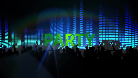 animation of party text over light columns and people dancing