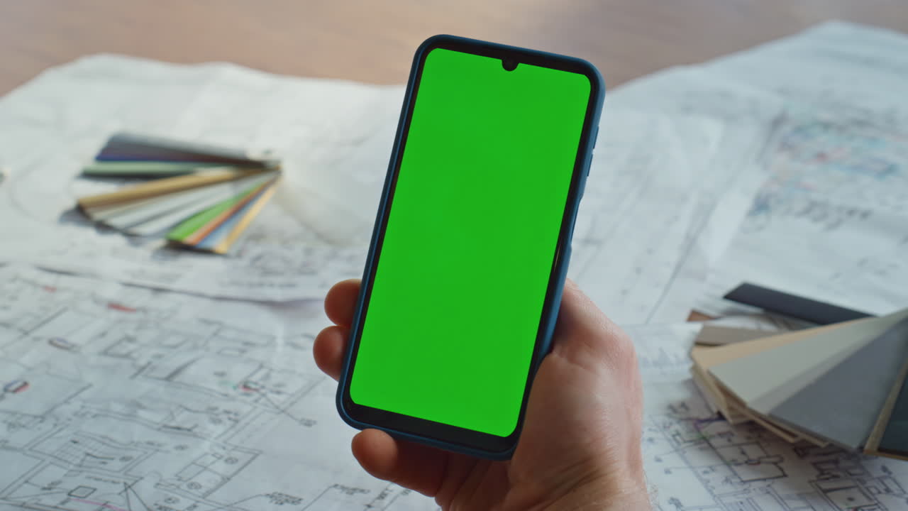 Primo piano di mani di designer che scorrono su un mockup di telefono cellulare sul posto di lavoro. Uomo sconosciuto