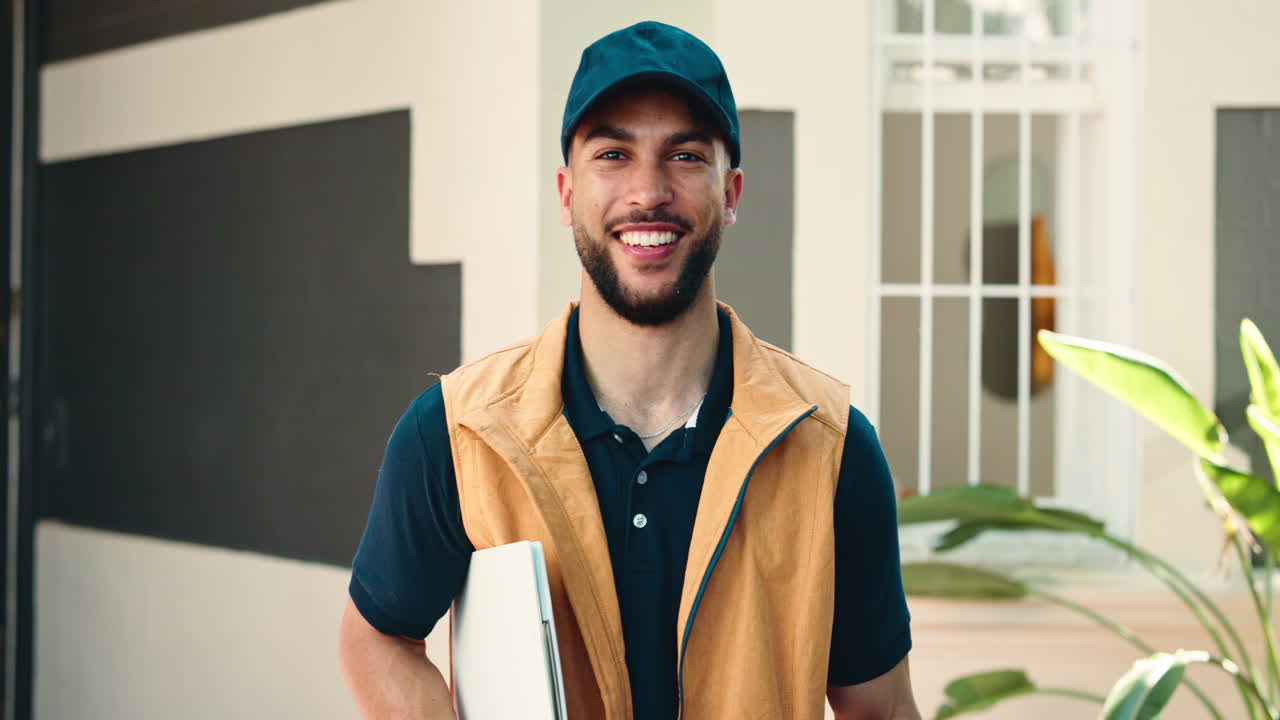 Smiling Delivery Man Holding Laptop Outside Residential Home