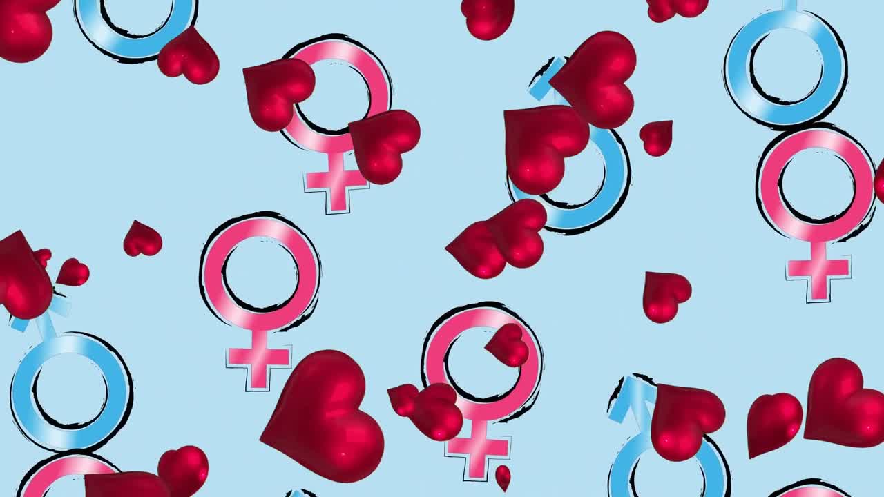 파란색 바탕에 남성과 여성의 상징 위에 떠다니는 심장의 애니메이션