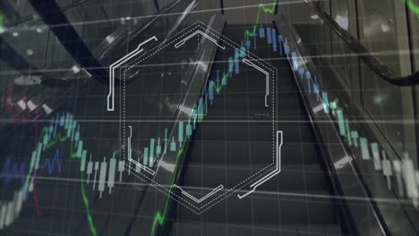 Animación-Del-Procesamiento-De-Datos-Financieros-Sobre-Hexágono-Contra-Escalera-Mecánica