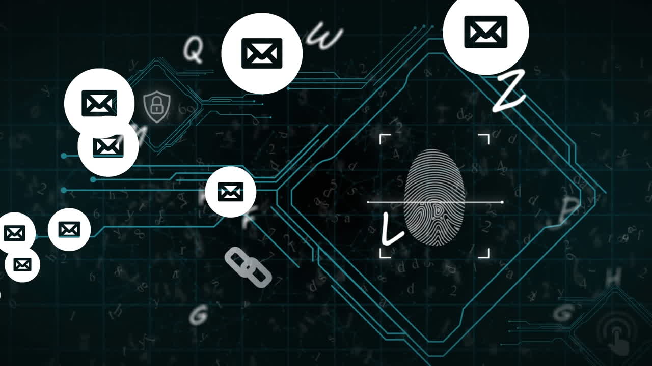 Animation of email envelope icons over biometric fingerprint and letters