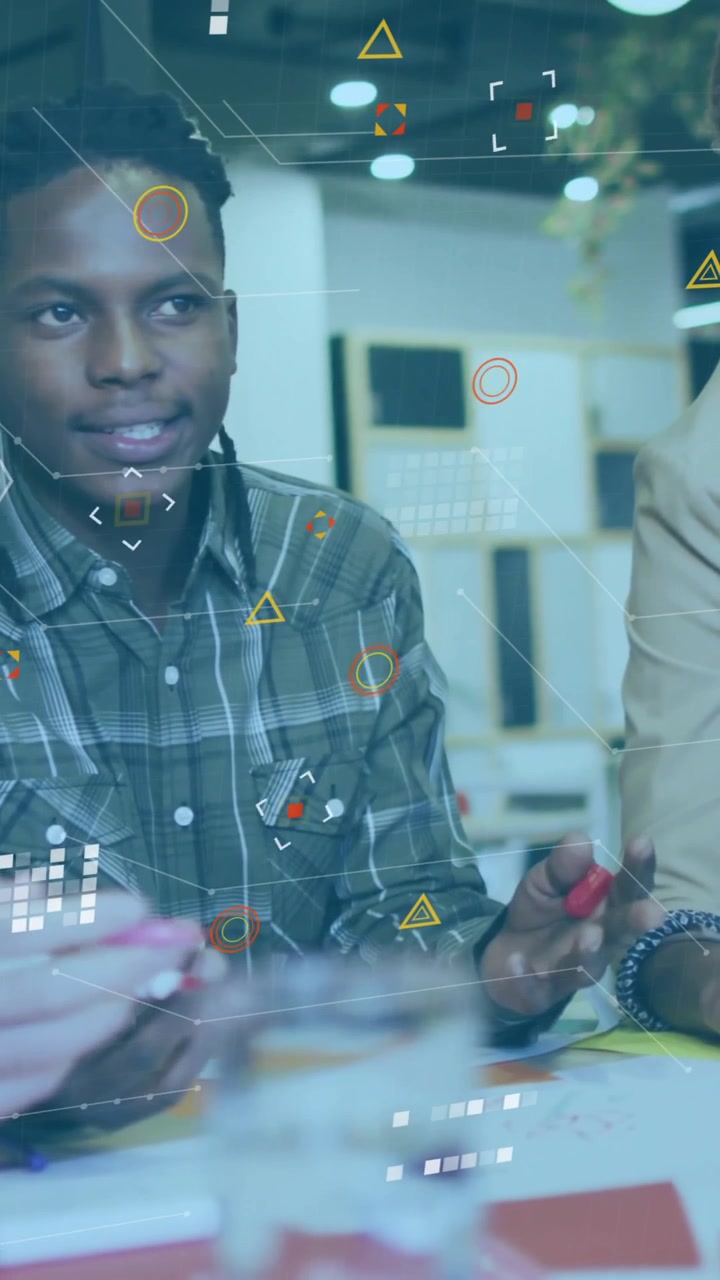 Animation of data processing over diverse colleagues discussing at casual office