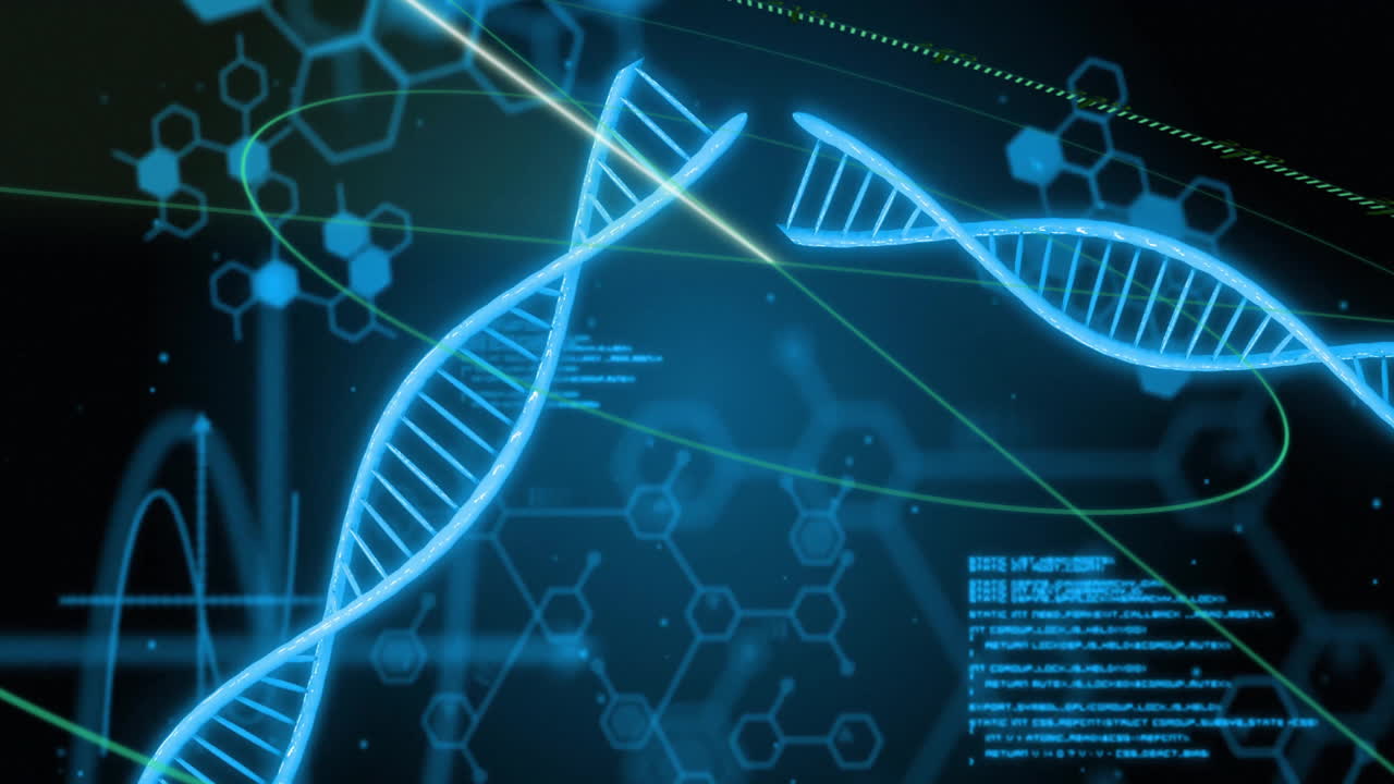 Animation of dna strands and scientific data processing on black background