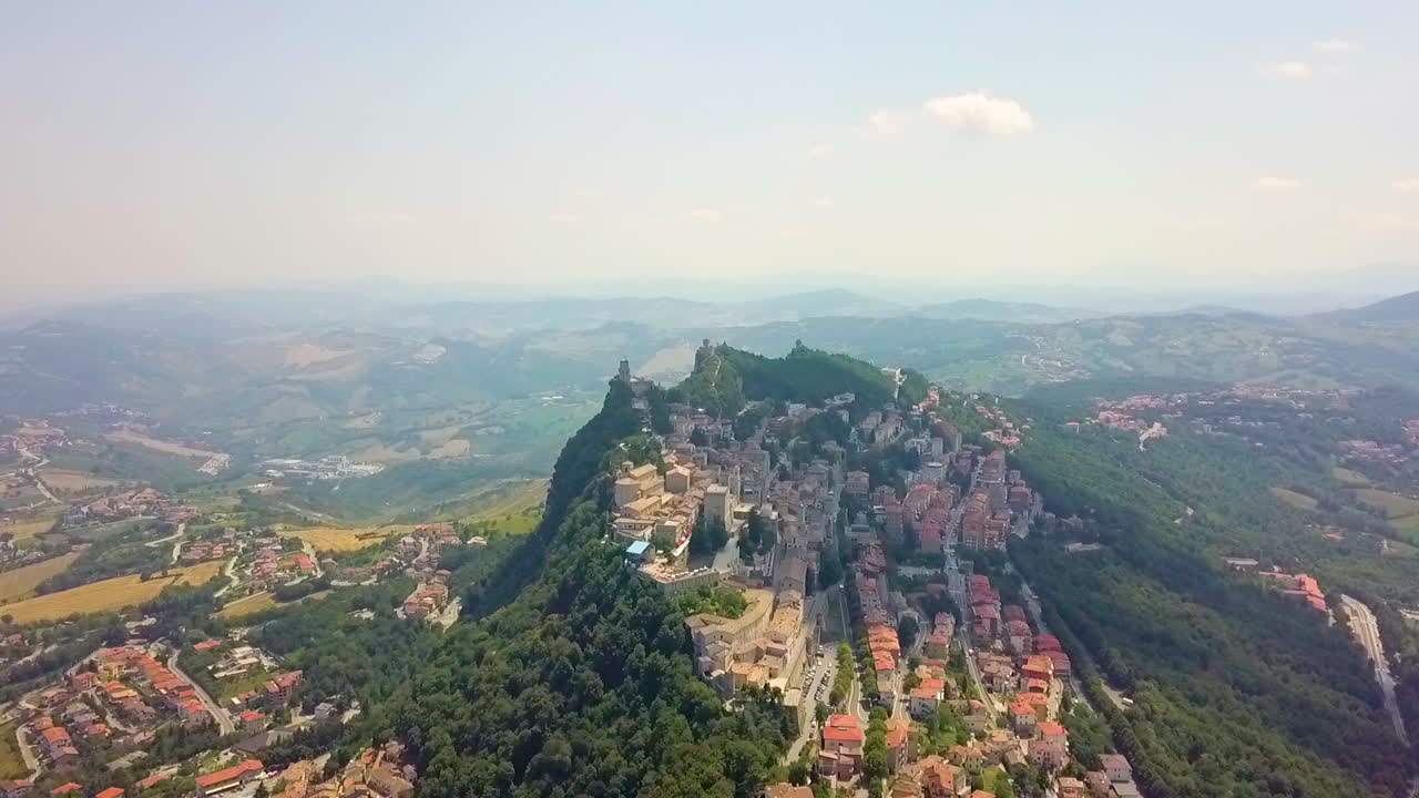 Picturesque View Of San Marino Town With Guaita Tower On The Slopes Of Monte Titano In Southern Europe. - Aerial