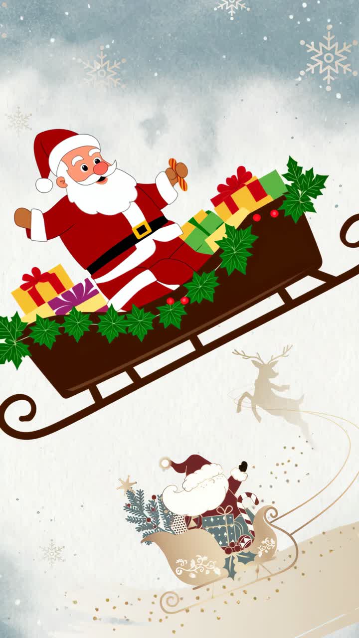 Whimsical Christmas video background with Santa in a sleigh, viewed from a top-down angle