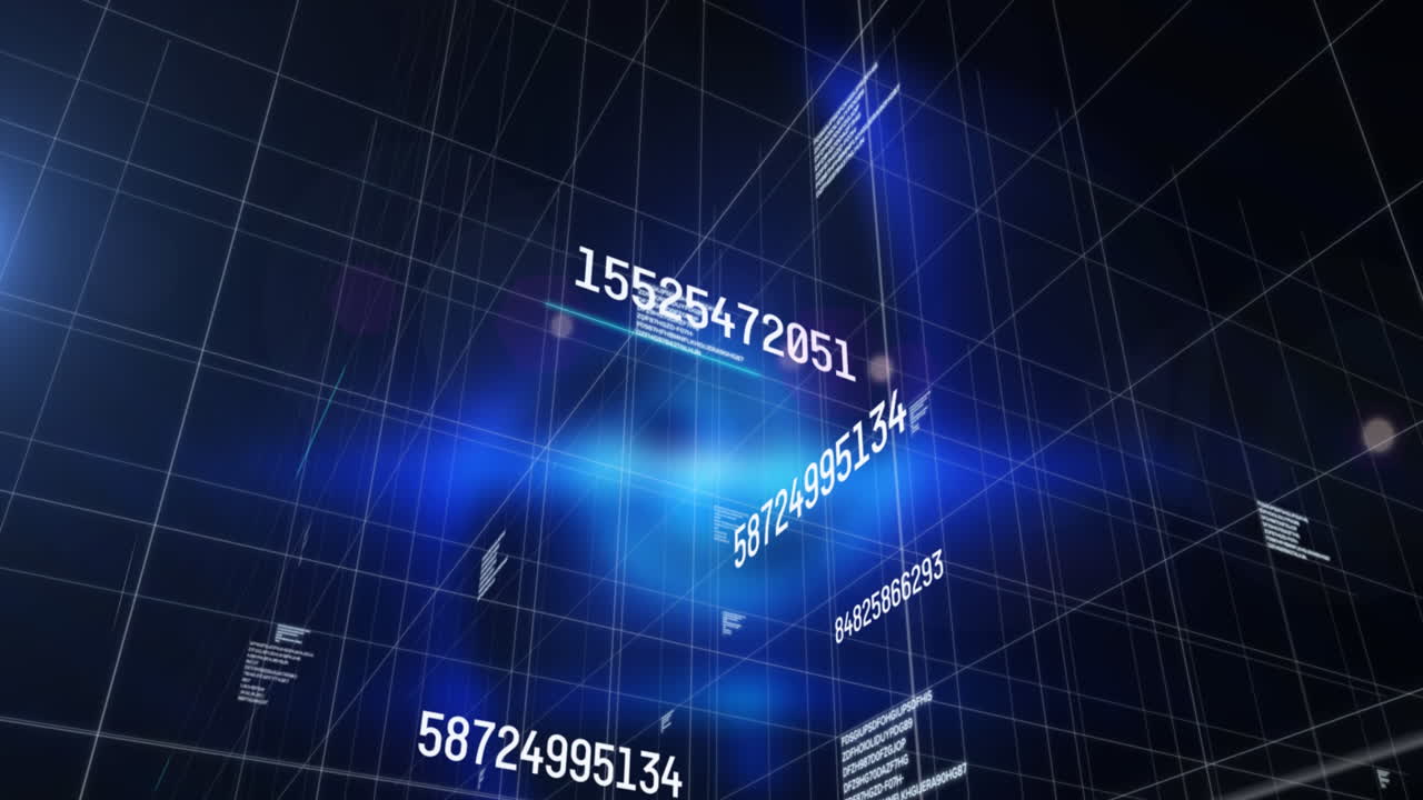 Animation of number changing and data processing over grid on glowing blue background