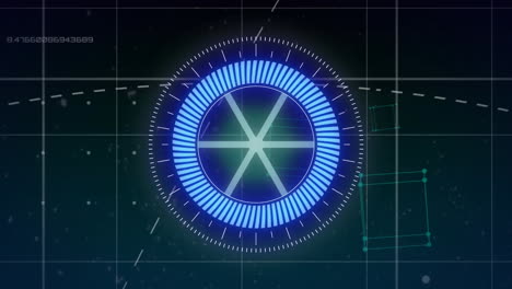 animación de escáner redondo de neón, procesamiento de datos y cubos geométricos contra un fondo azul