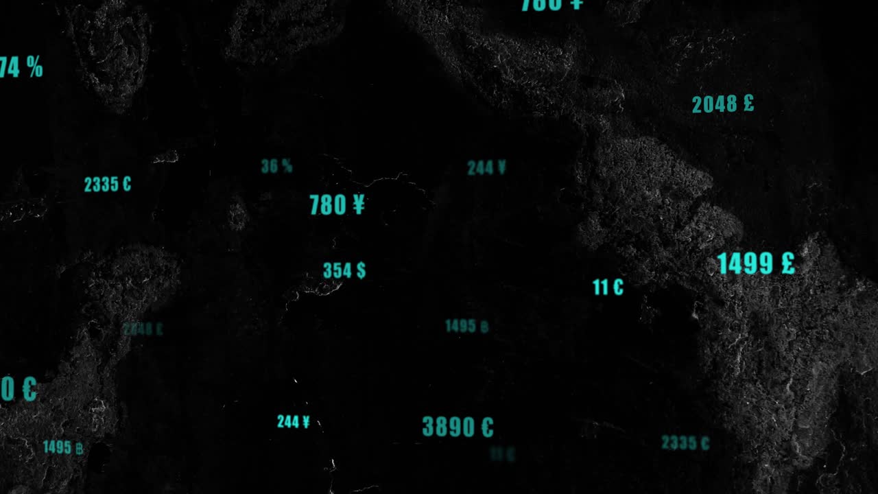 All'avvio, etichette valuta verde acqua che compaiono e si ridimensionano mentre la telecamera scorre sulla mappa scura, mostrando i valori